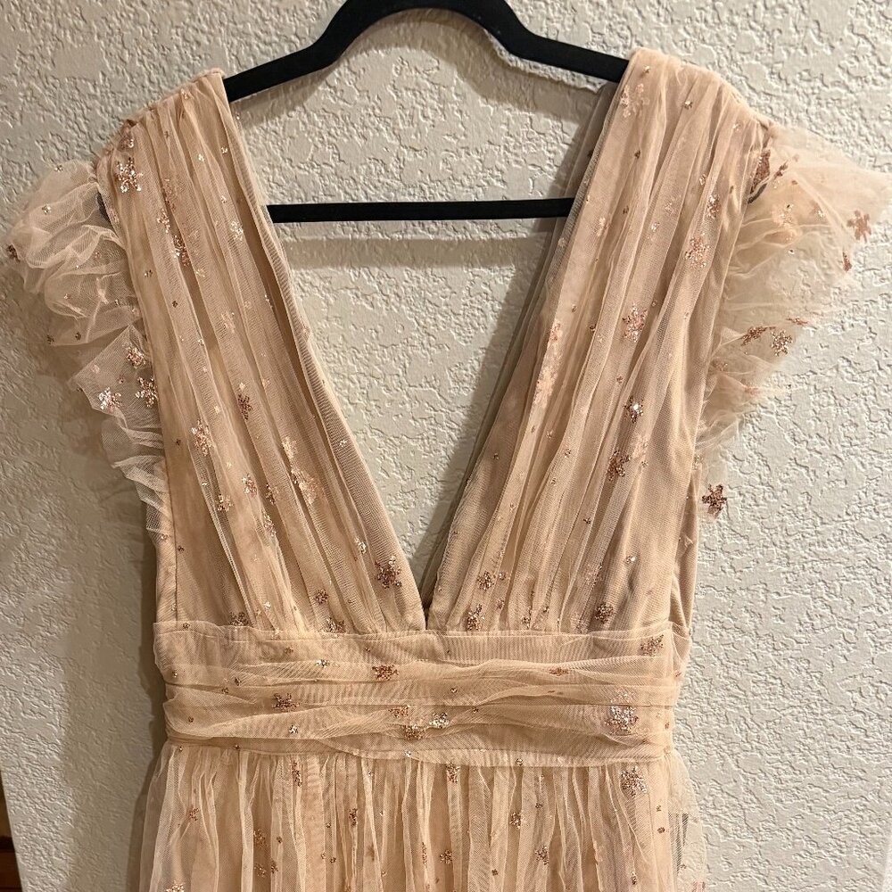Baltic Born Chiara Shimmer Midi Dress Natural Blush Tulle V-Neck XL NWT